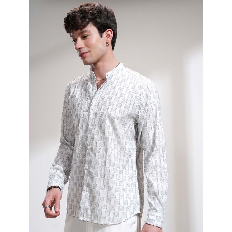 HIGHLANDER Men Grey Self Design Mandarin Collar Shirt (L)