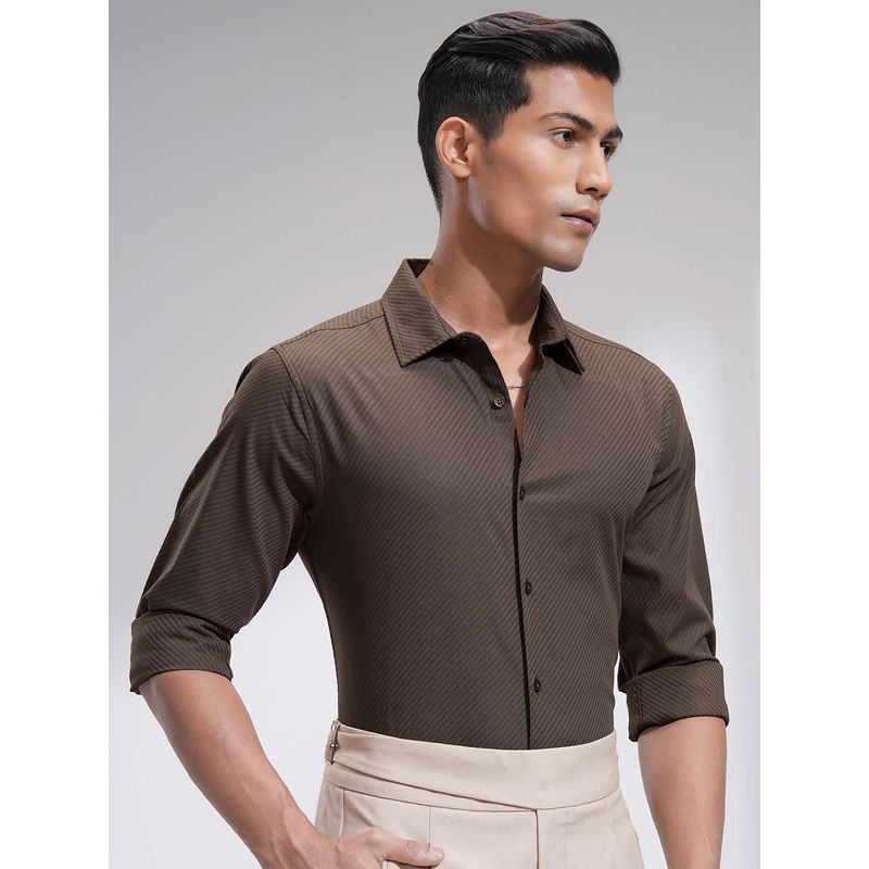 HIGHLANDER Men Dark Chocolate Brown Textured Full Sleeves Shirt (S)