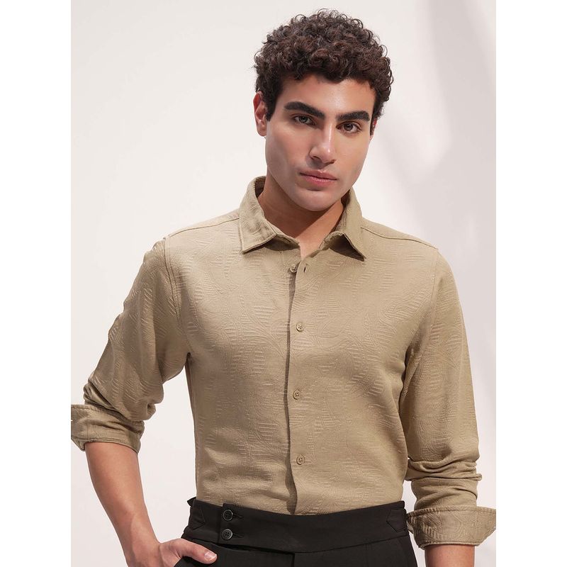 HIGHLANDER Men Beige Slim Fit Self Design Collar Shirt (L)