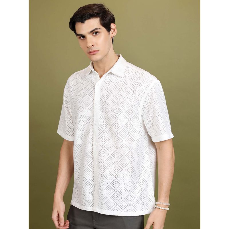 HIGHLANDER Men White Textured Crochet Drop Shoulder Oversized Shirt (L)