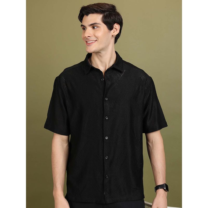 HIGHLANDER Men Black Crochet Self Design Drop Shoulder Oversized Shirt (XL)