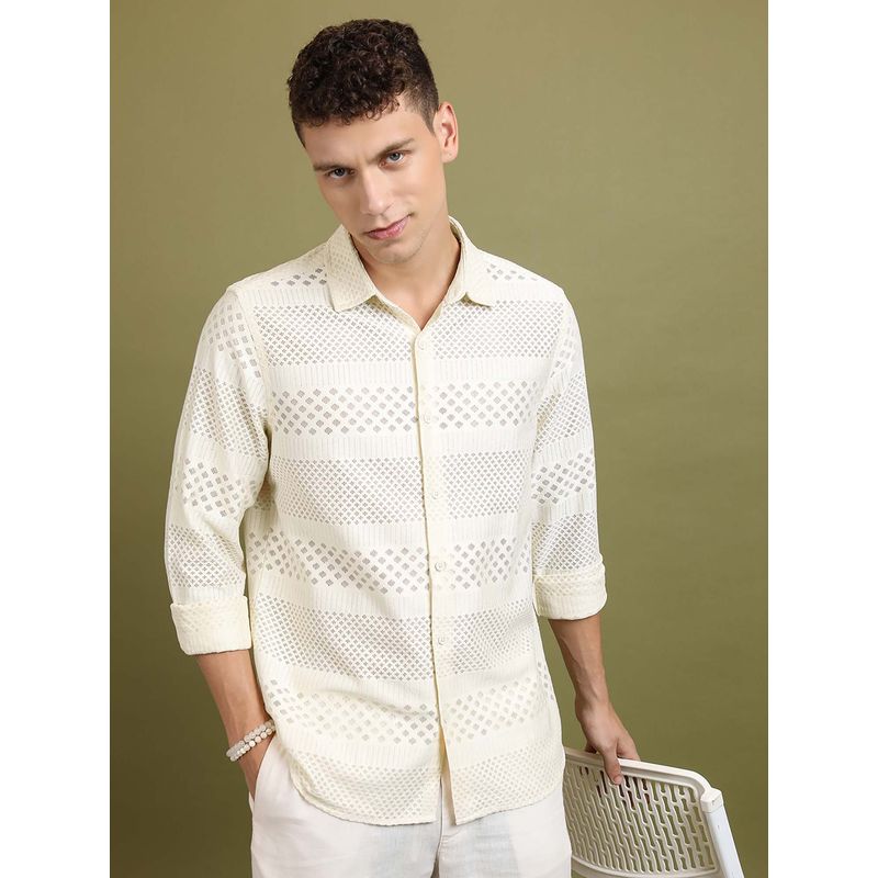 HIGHLANDER Men Off White Relaxed Fit Self Design Crochet Shirt (L)