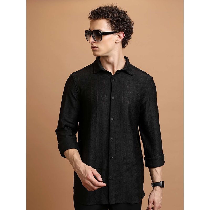 HIGHLANDER Men Black Self Design Relaxed Fit Casual Crochet Shirt (L)