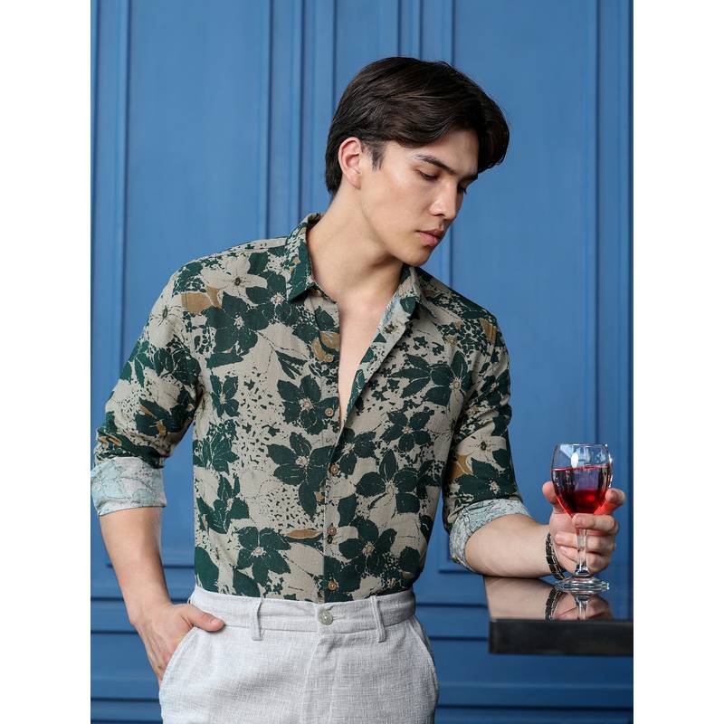 CAHOOT Men Dark Green Floral Print Full Sleeves Regular Fit Casual Shirt (S)