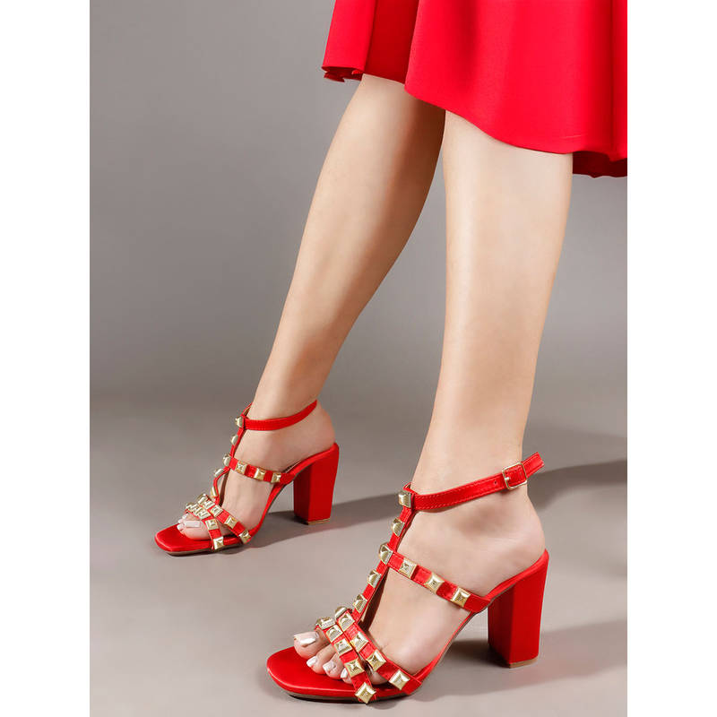ELLE Red Womens Studded T-Strap Block Sandal Heels (EURO 40)