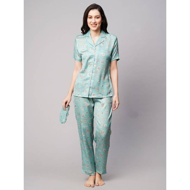 Drape In Vogue Womens Green White Floral Print Satin Night Suit (2XL)