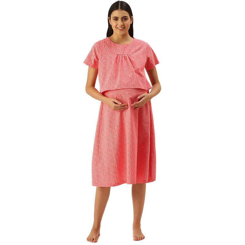 Nejo Feeding-Nursing Maternity Midi Night Dress - Pink (S)