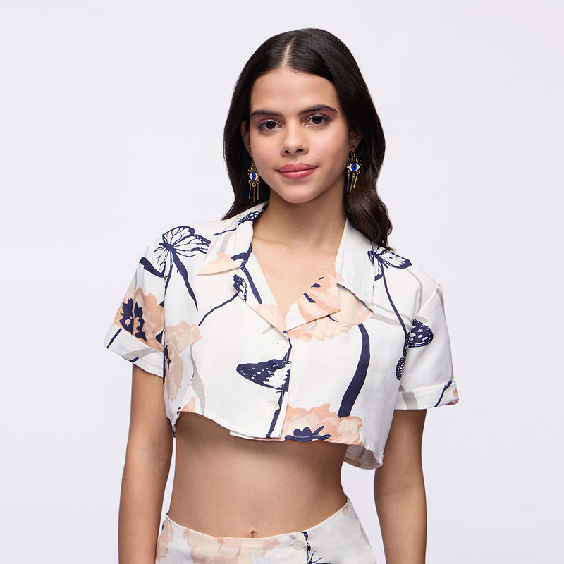 MIXT by Nykaa Fashion Off White Floral Print Half Sleeves Crop Linen Shirt (XXS)