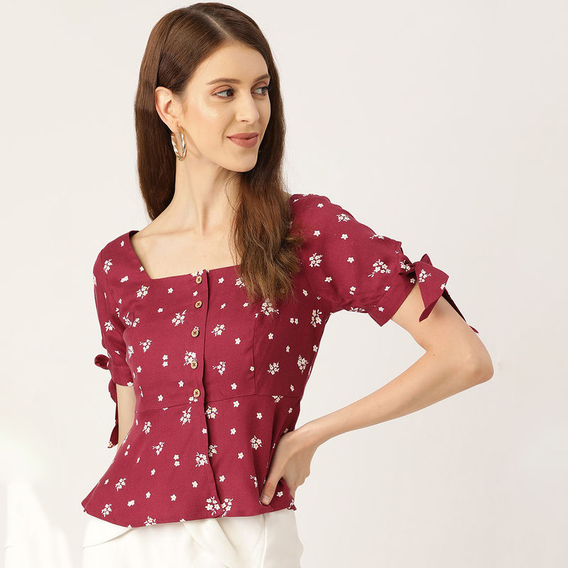 Twenty Dresses By Nykaa Fashion Maroon Florals On Your Side Top - Maroon (XXL)