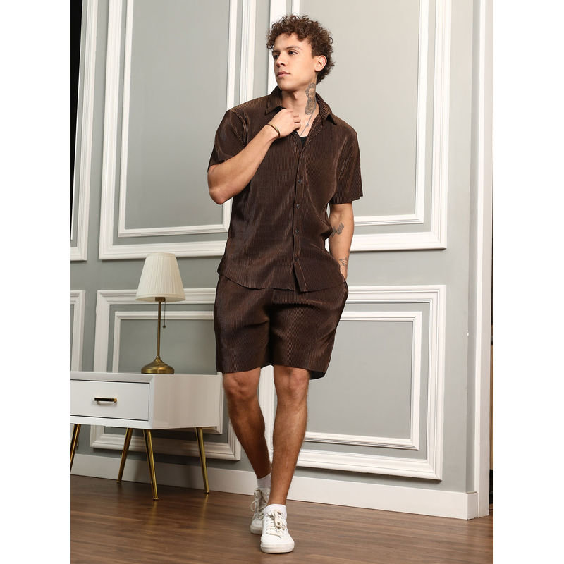 Campus Sutra Men Mocha Brown Pleat Creased Co-Ord (Set of 2) (XL)