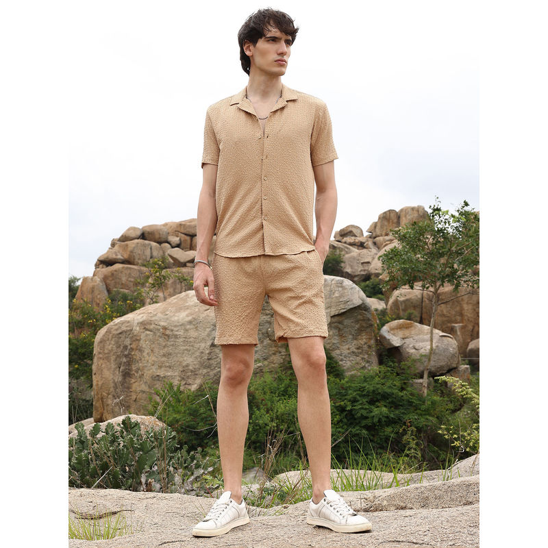 Campus Sutra Men Buff Beige Textured Seersucker Co-Ord (Set of 2) (M)