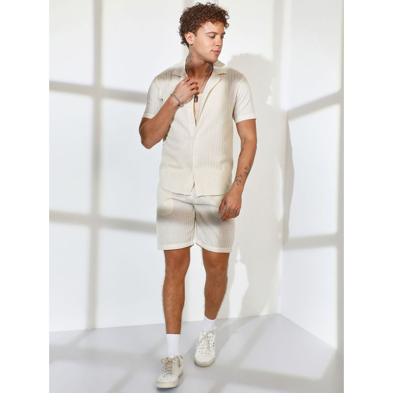 CAHOOT Men Cream Ribbed Striped Co-Ord (Set of 2) (M)