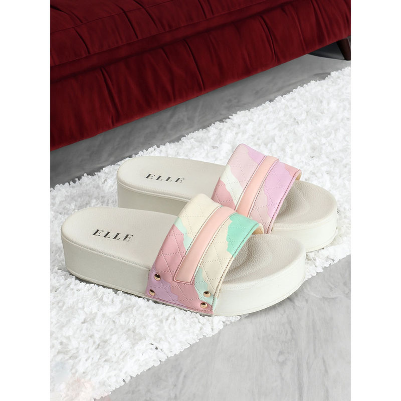 ELLE Womens White Color Printed Casual Wear Sliders (EURO 39)