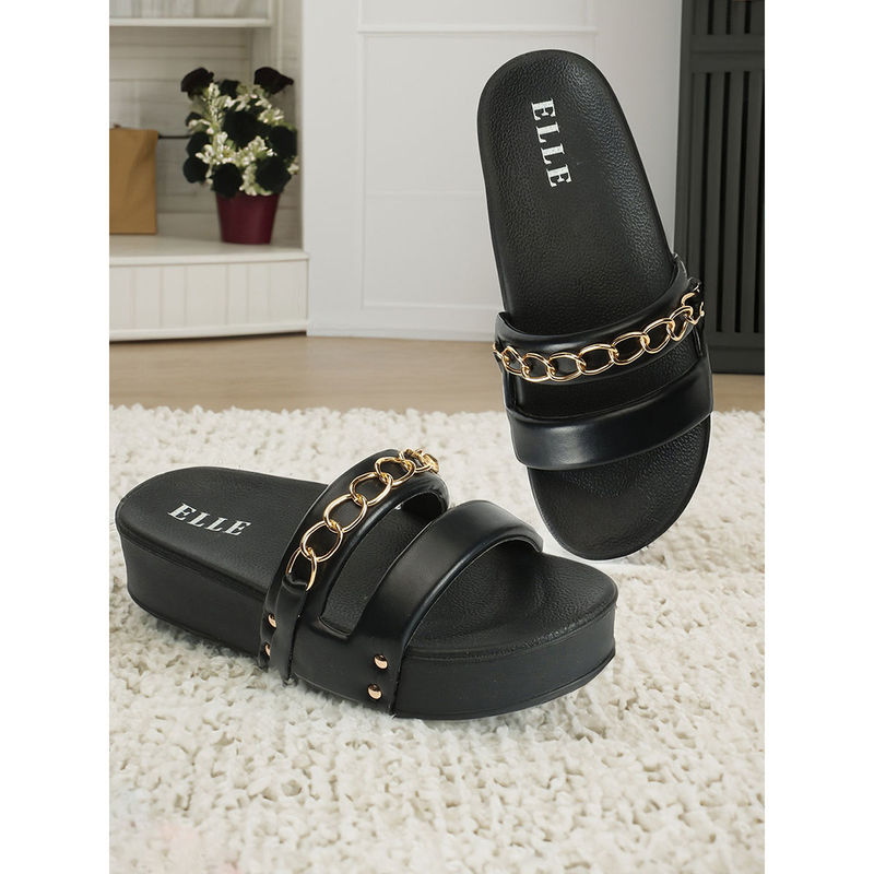 ELLE Womens Black Color Golden Chained Casual Wear Sliders (EURO 36)