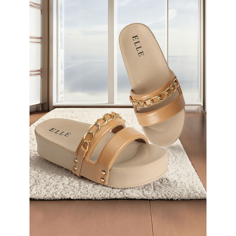 ELLE Womens Tan Color Golden Chained Casual Wear Sliders (EURO 38)