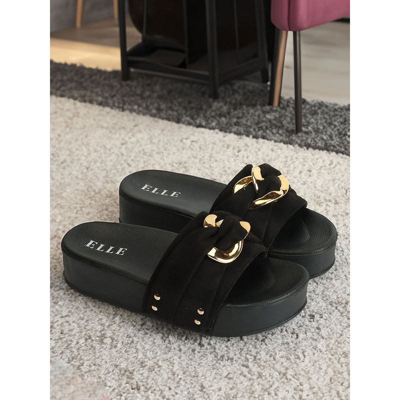 ELLE Womens Black Color Solid Casual Wear Sliders (EURO 41)