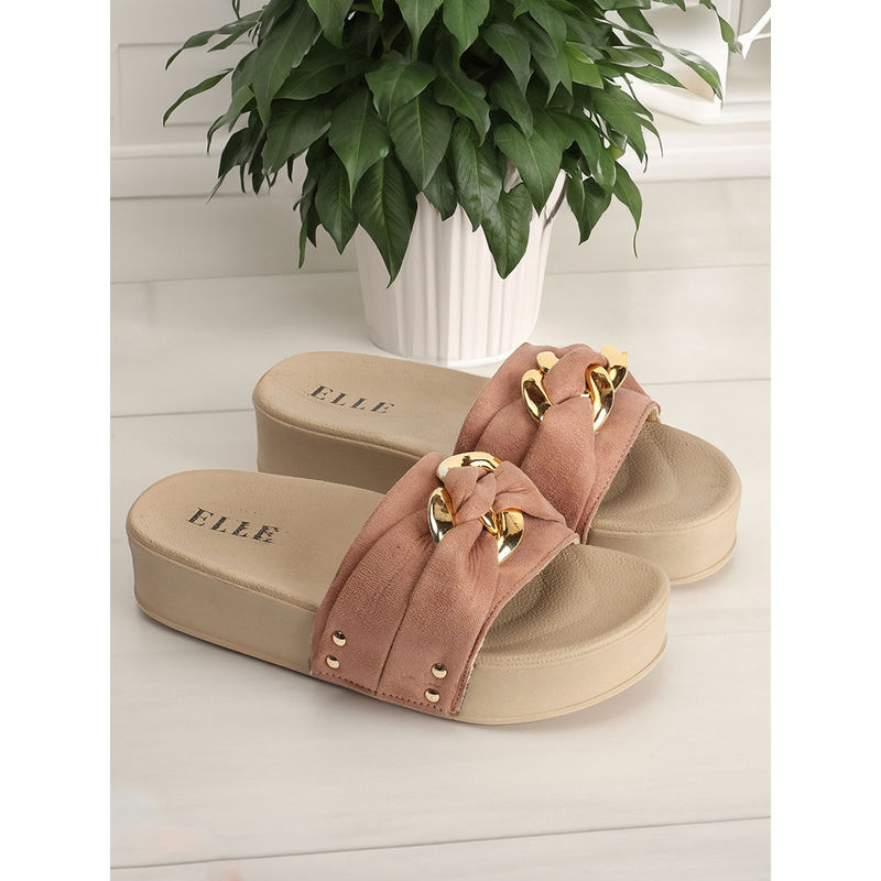 ELLE Womens Peach Color Solid Casual Wear Sliders (EURO 37)