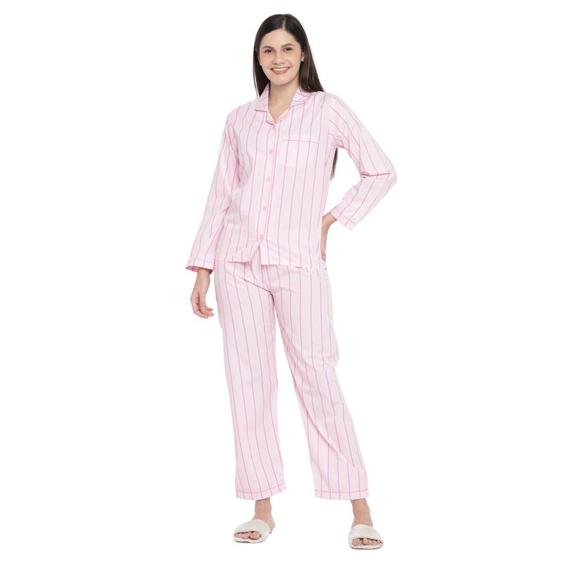 Shopbloom Bright Pink Stripes Print Long Sleeves Shirt with Pyjama (Set of 2) (XS)
