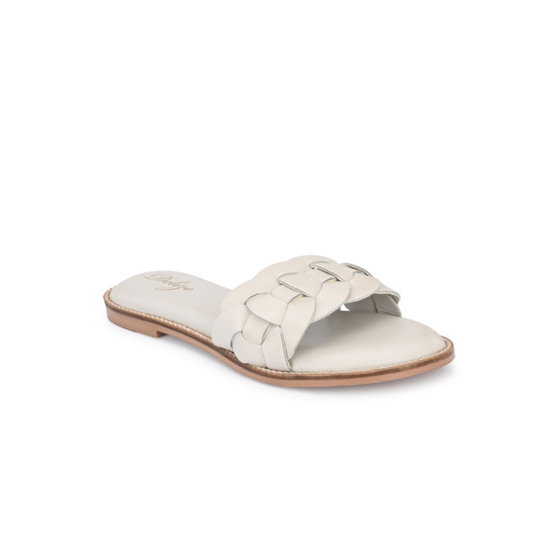 Delize Leather- Womens Off-White Solid Cuban Chain Flats (UK 5)