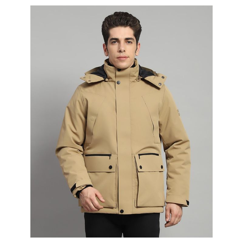Monte Carlo Mens Solid Camel Hooded Neck Full Sleeve Jacket (M)