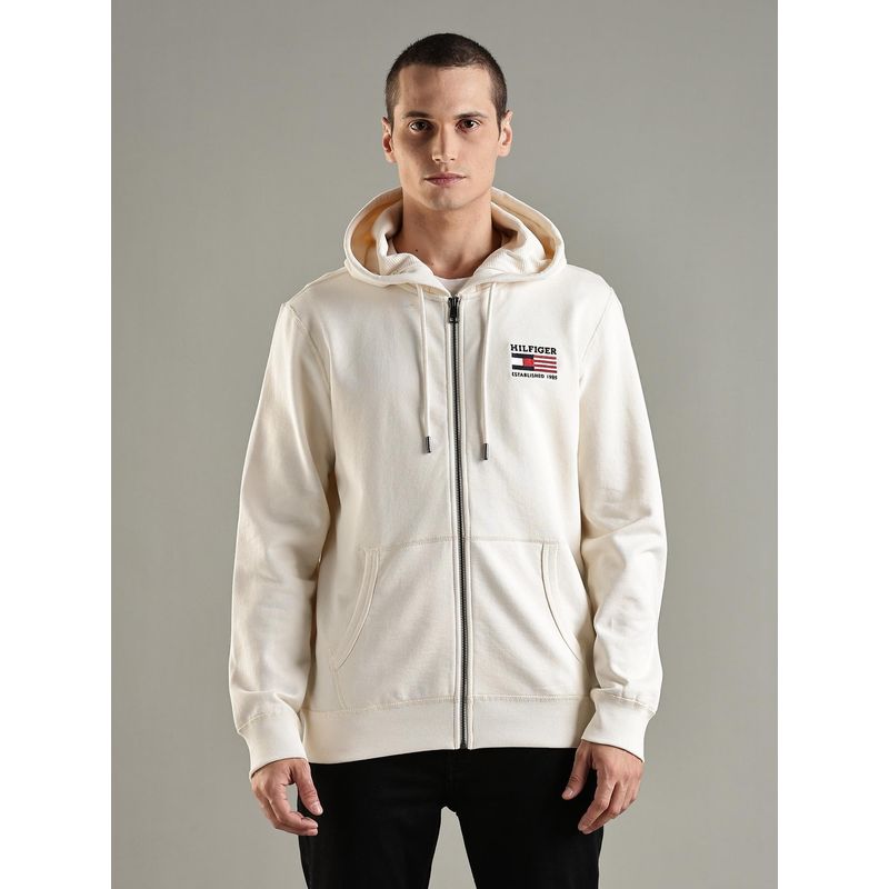 Tommy Hilfiger Off White Embroidered Logo Regular Fit Cotton Jacket (M)