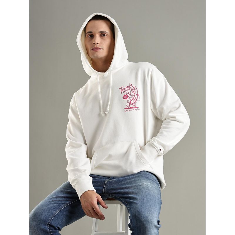 Tommy Hilfiger White Graphic Regular Fit Cotton Hoodie (M)
