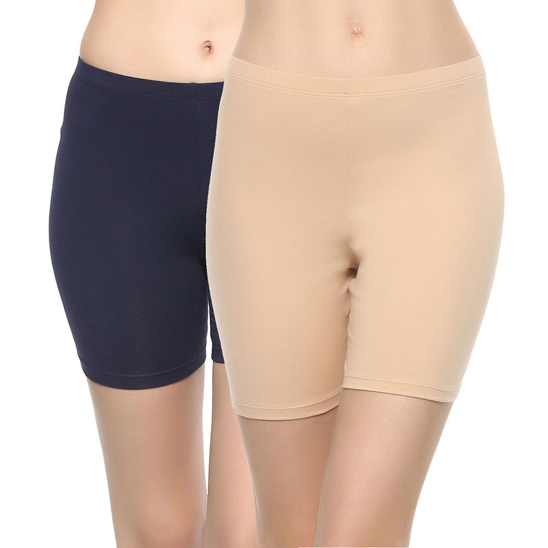 SOIE Women Mid Rise Breathable Cotton Spandex Knee Length Cycling Shorts (Pack of 2) (L)