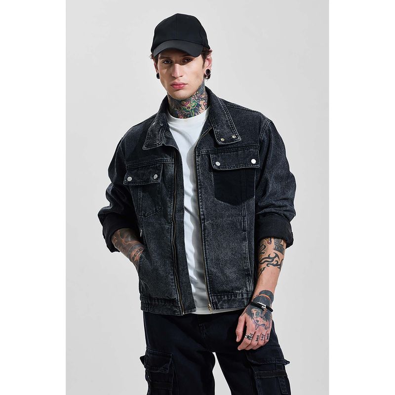 Snitch Charcoal Grey Solid Full Sleeves Relaxed Casual Jacket for Men (M)