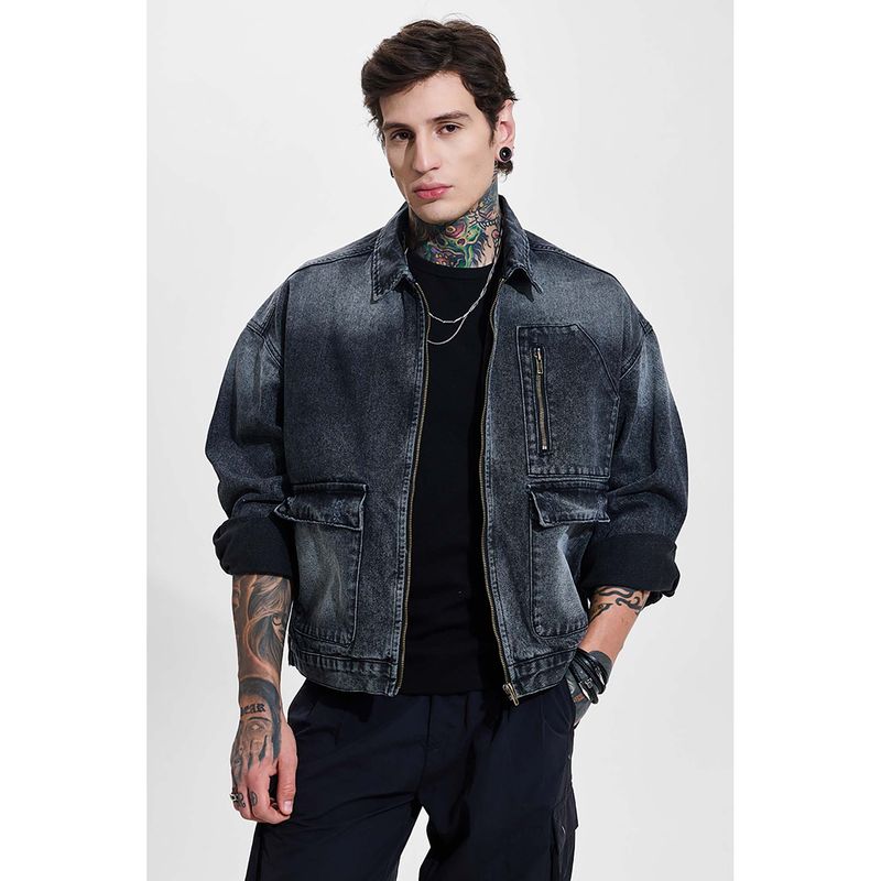 Snitch Dark Grey Washed Full Sleeves Relaxed Casual Jacket for Men (L)