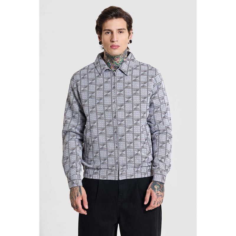 Snitch Light Grey Geometric Full Sleeves Relaxed Casual Jacket for Men (XS)