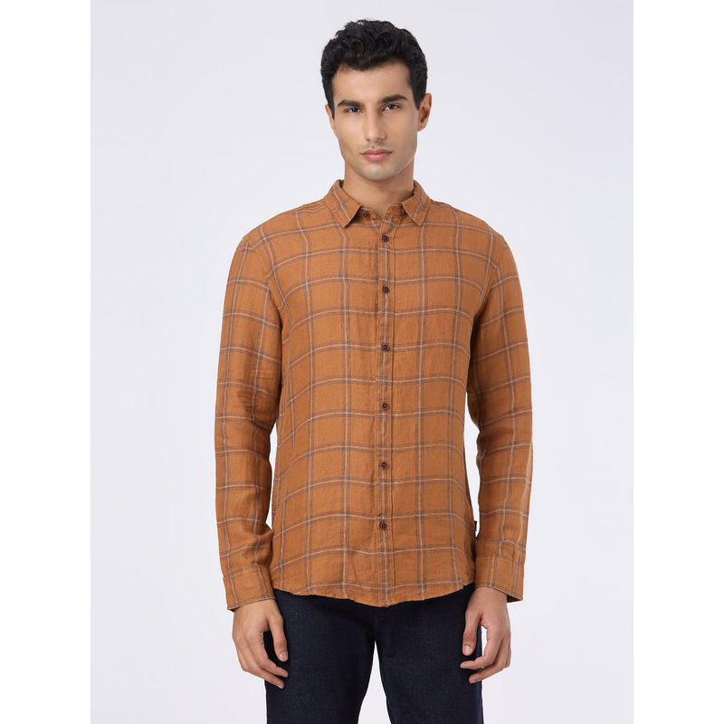 Pepe Jeans Brown Check Linen Shirt (S)