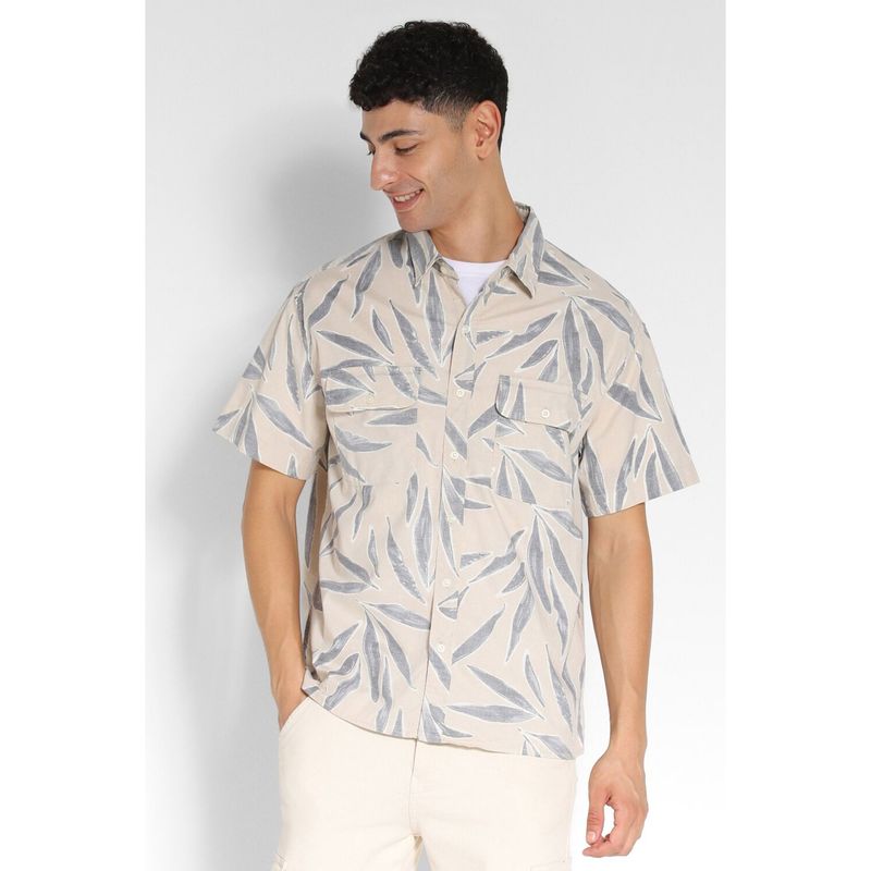 American Eagle Men Beige Tropical Button-Up Poolside Casual Shirt (S)
