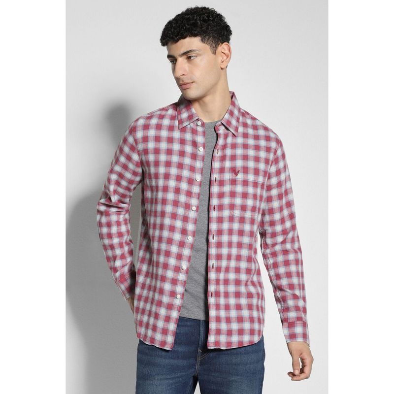 American Eagle Men Red Slim Fit Everyday Plaid Linen-Blend Button-Up Casual Shirt (2XL)