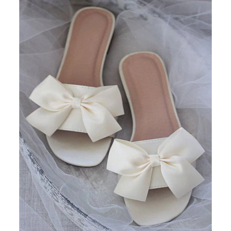 Shoetopia Women White Open Toe Flats With Bows (Euro 39)