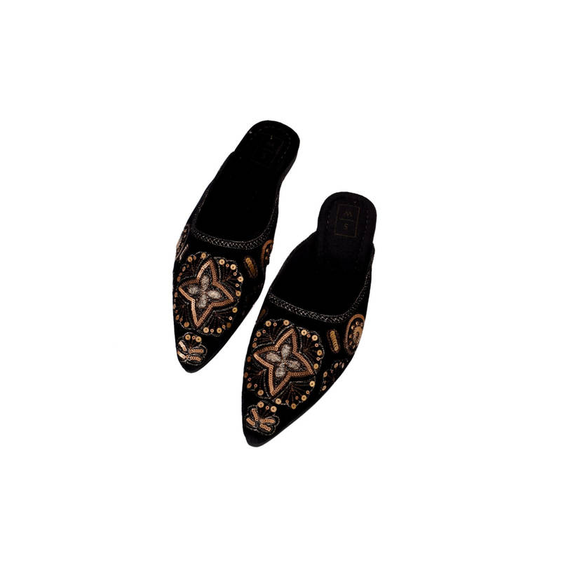 SANDALWALI Juliette Embroidered Black And Gold Velvet Flat Mules (Euro 37) (EURO 37)