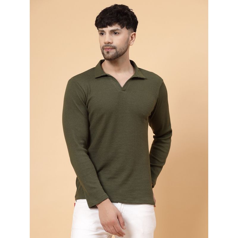 RIGO Men Olive Waffle Knit Solid Polo T-Shirt (M)