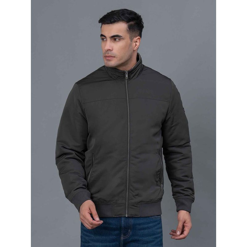 Red Tape Dark Olive Solid Polyester Mens Bomber Jacket (M)