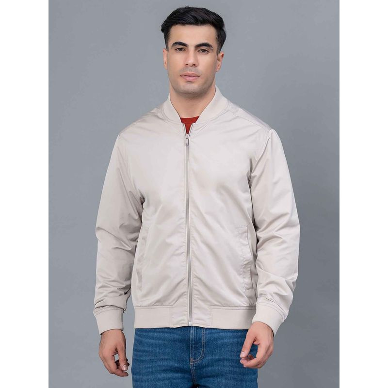 Red Tape Light Beige Solid Polyester Mens Bomber Jacket (M)