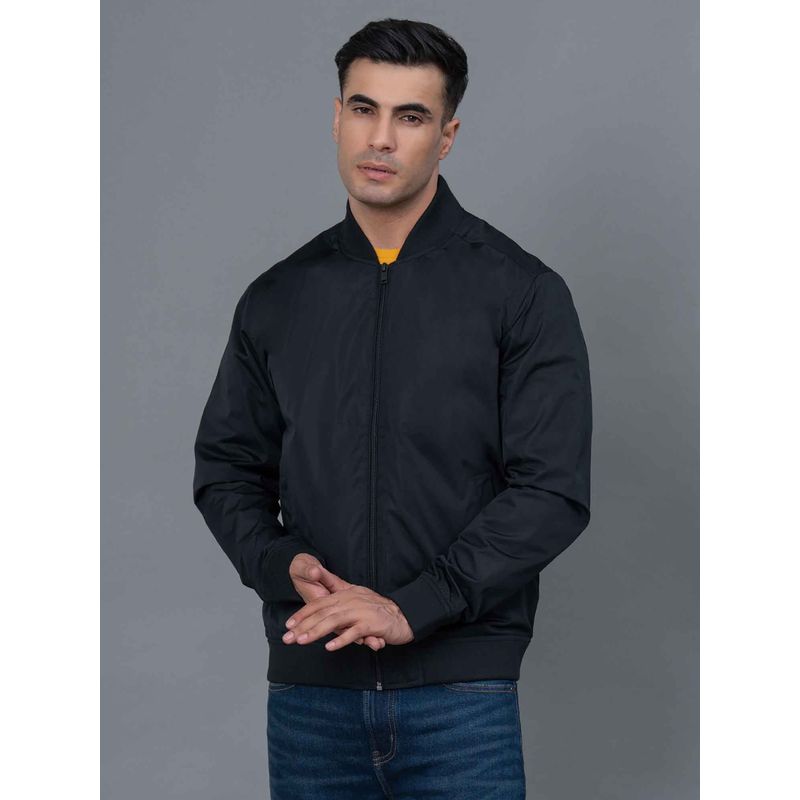 Red Tape Black Solid Polyester Mens Bomber Jacket (M)