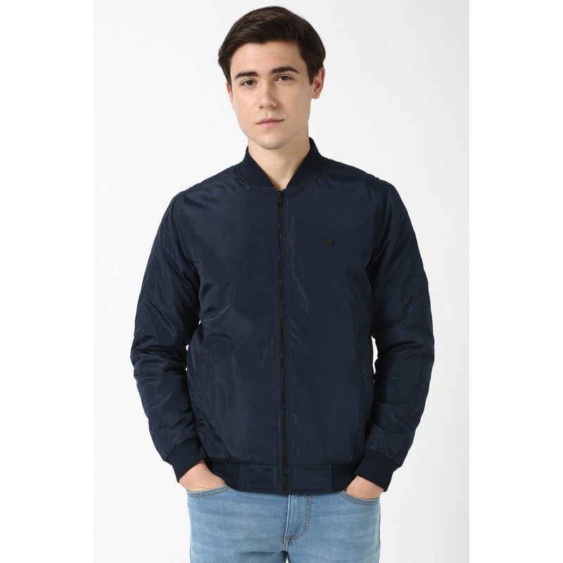 Peter England Men Navy Blue Solid Casual Jacket (M)