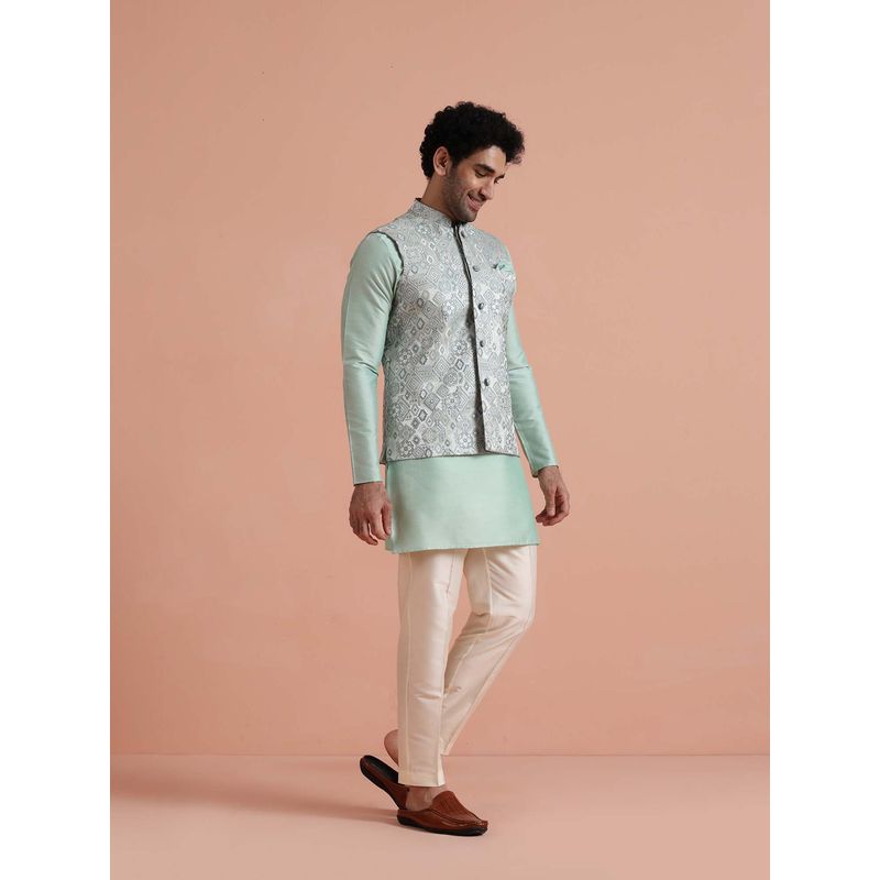 KISAH Men Mint Green Velvet Nehru Jacket with Kurta & Trouser (38)