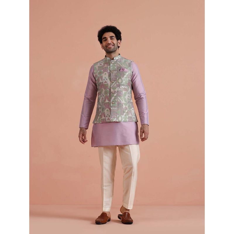 KISAH Men Lavender Jacquard Silk Blend Nehru Jacket with Kurta & Trouser (38)
