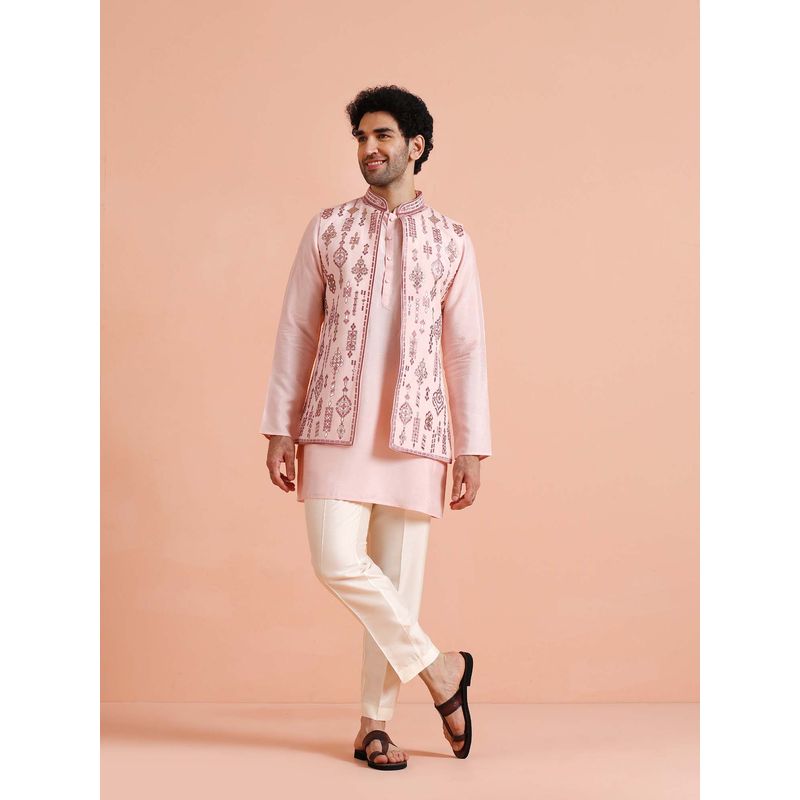 KISAH Men Pink Embroidered Nehru Jacket with Kurta & Trouser (40)