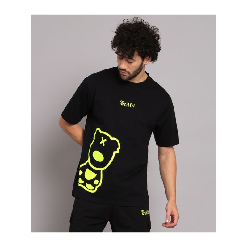Griffel Men Black Neon Teddy Oversized T-Shirt (S)