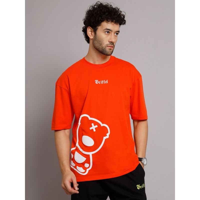 Griffel Men Teddy Neon Orange Oversized Drop Shoulder T-Shirt (S)