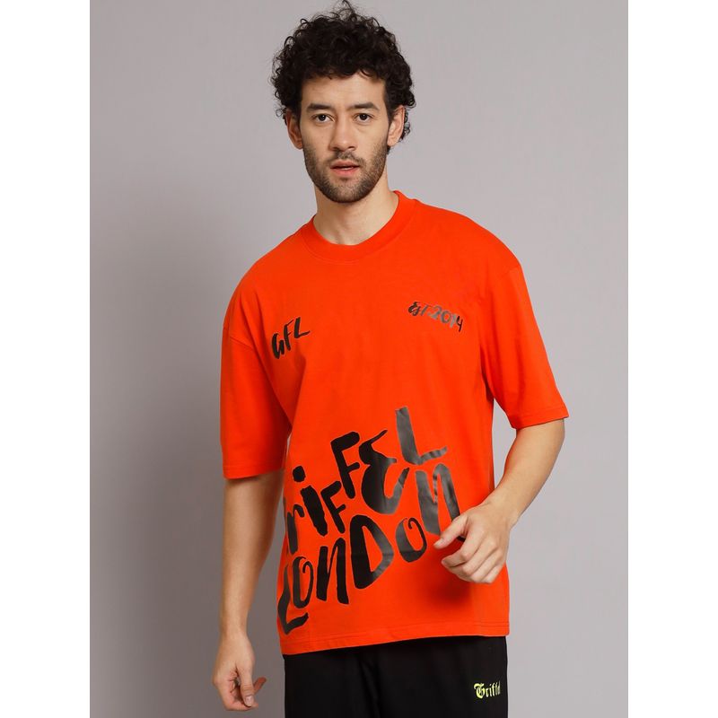 Griffel Men Printed Neon Orange Oversized Drop Shoulder T-Shirt (2XL)
