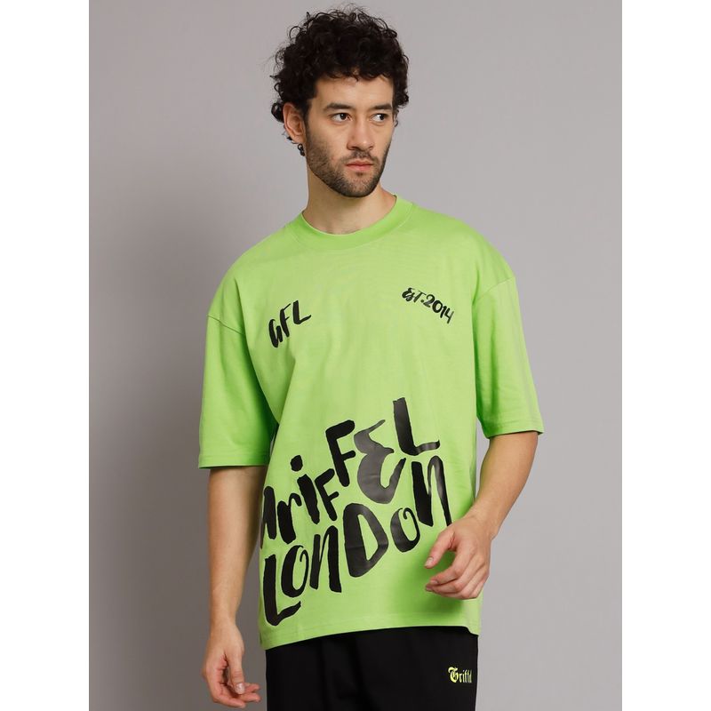 Griffel Men Printed Neon Green Oversized Drop Shoulder T-Shirt (L)