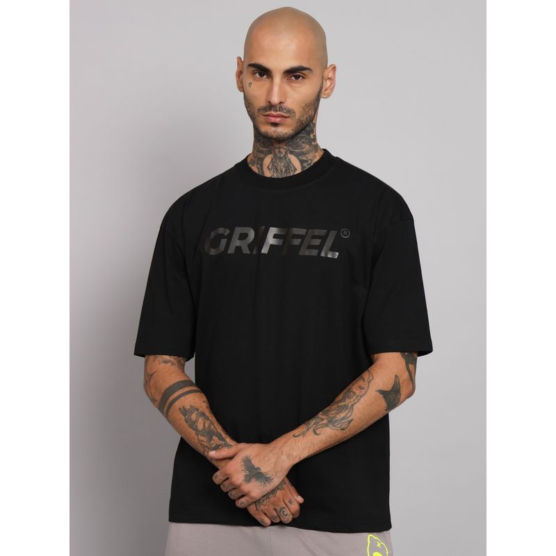 Griffel Men Printed Black Loose Fit Cotton T-Shirt (XL)