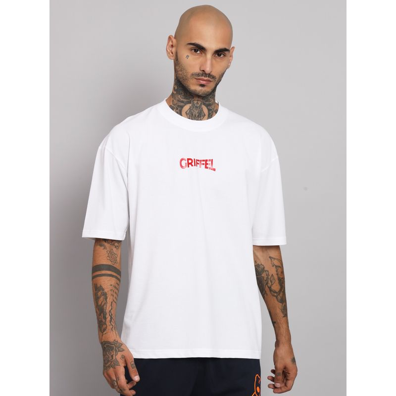 Griffel Men Reflective Snake Printed White Loosefit Cotton T-Shirt (S)