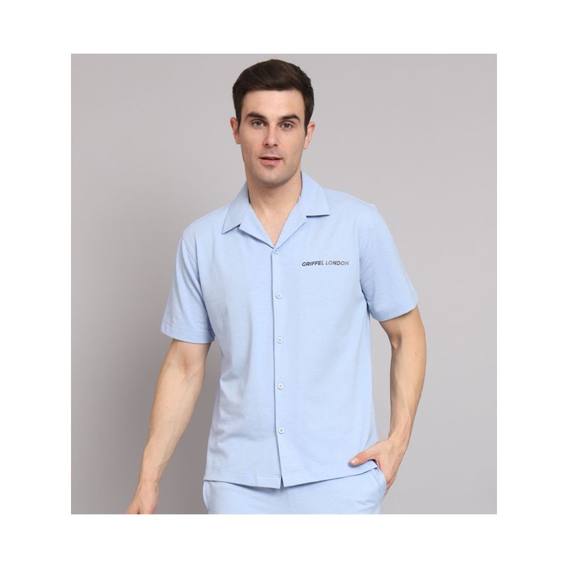 Griffel Men Basic Sky Regular Fit Cotton Bowling Shirt (2XL)